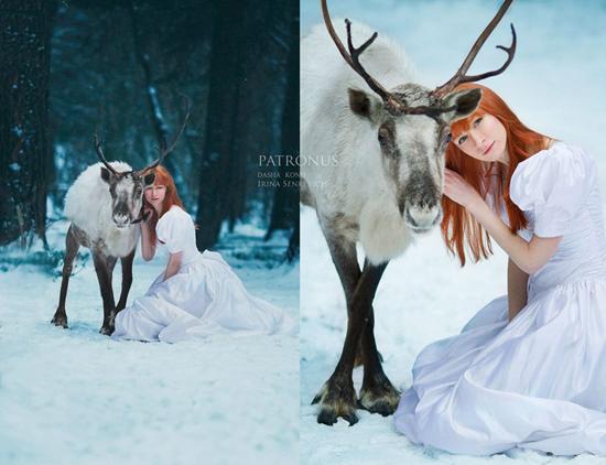 俄罗斯美女与野兽在冰天雪地中Cosplay，与熊舌吻，霸气侧漏！