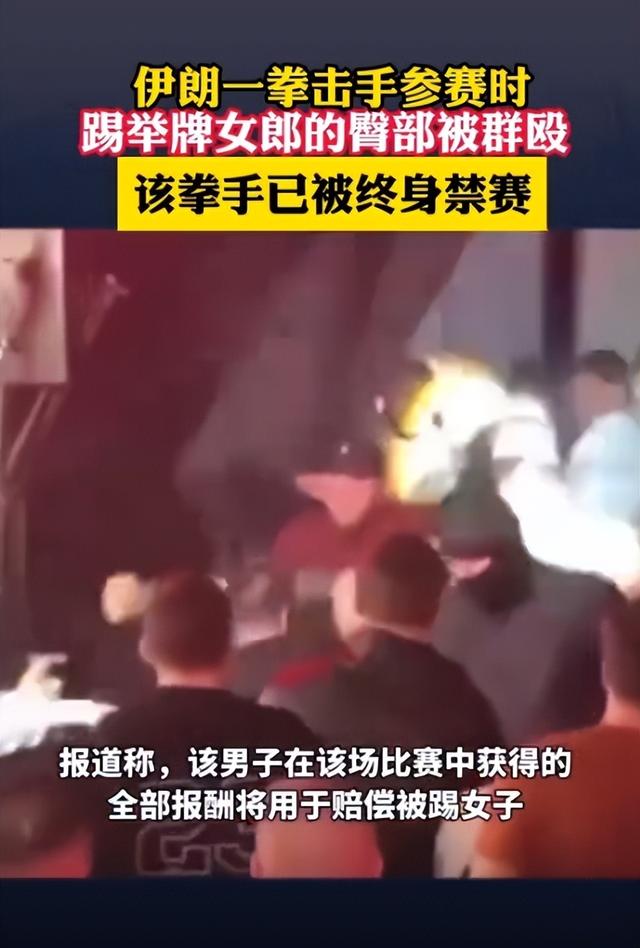 无德！举牌女郎遭拳击手踢臀部，遭台下观众围殴，终身被禁赛