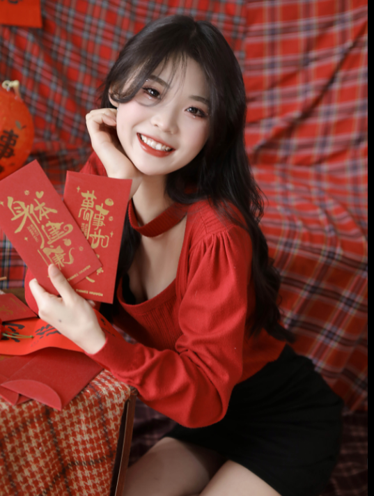 美女写真：清纯少女清凉喜庆新年套装，白皙美腿好诱人