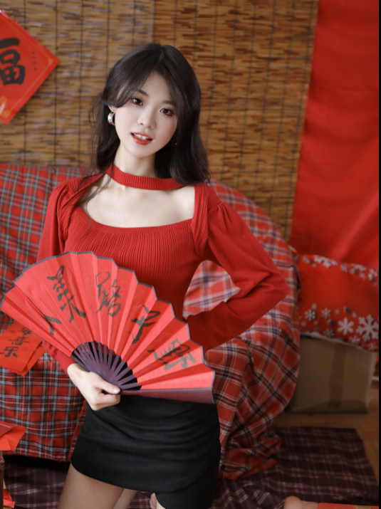 美女写真：清纯少女清凉喜庆新年套装，白皙美腿好诱人