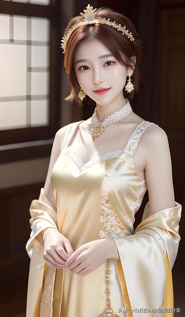 AI绘画：蕾丝刺绣汉服美女，黄色战袍第六期